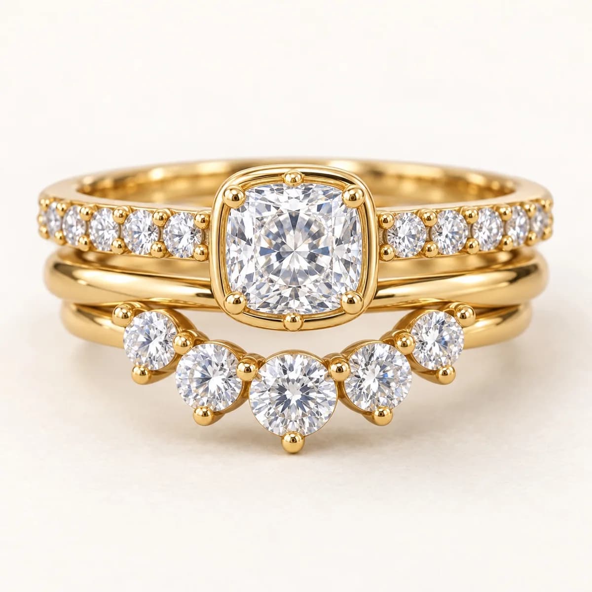Cushion Bridal Stack 14KT Diamond Ring Set