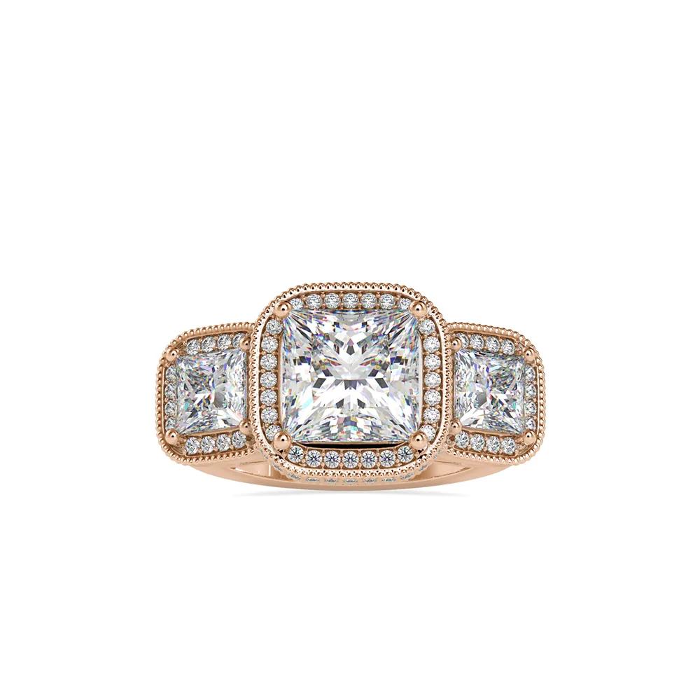 Princess Cut Three Stone Halo Diamond Ring With Migraine Detailing