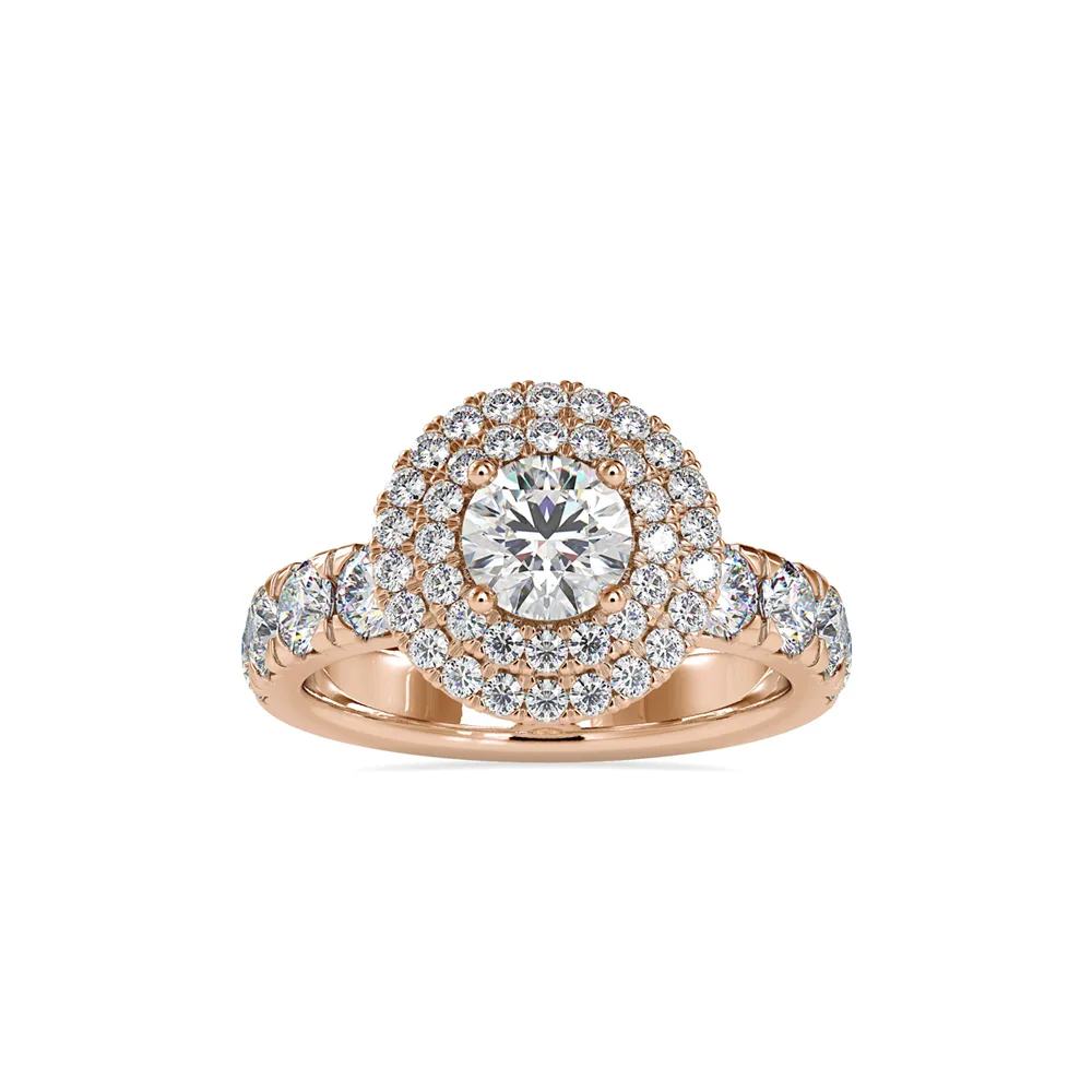 Round Diamond Double Halo Ring with Diamond Shoulders