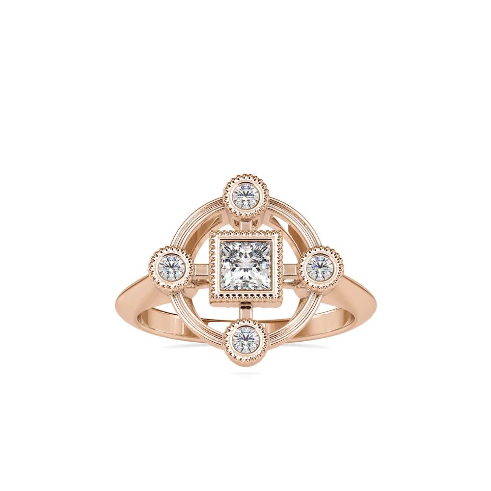 Princess Cut Diamond Compass Ring with Bezel Set Vintage Milgrain Design