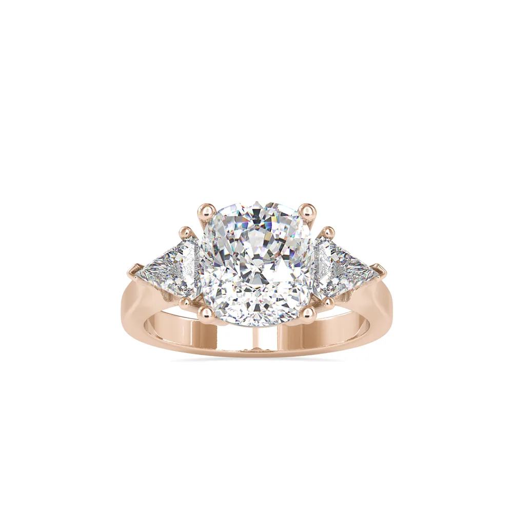 Cushion Cut Three Stone Diamond Engagement Ring with Trillion Side Damond