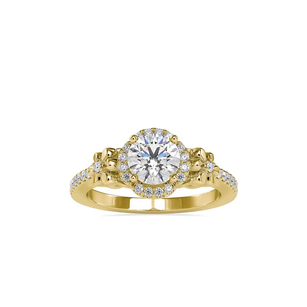 Round Diamond Halo Ring with Floral Motif and Pavé Shoulders