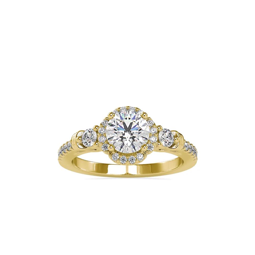 Round Diamond Halo Ring with Side Stones and Pavé Shoulders