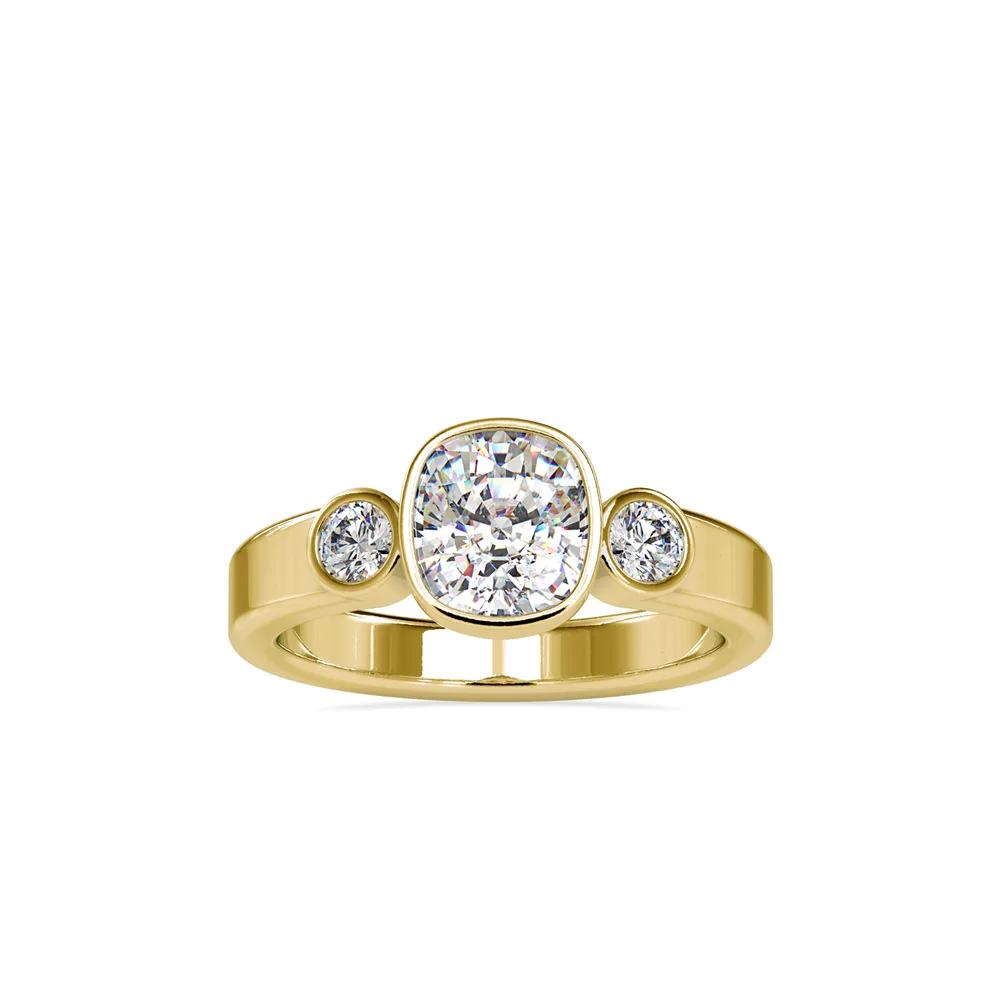 Cushion Cut Three Stone Diamond Ring , Bezel Set Ring