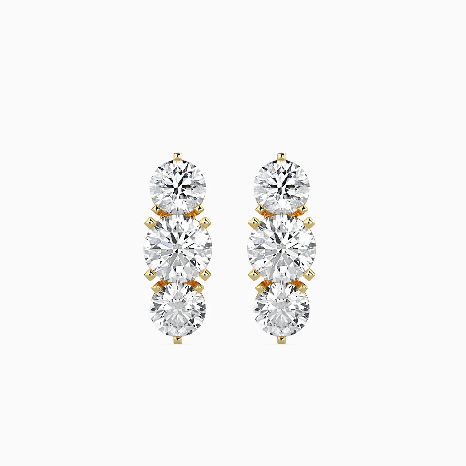 Three Stone Round Diamond Earrings , Graduated Vertical Prong Set Studs