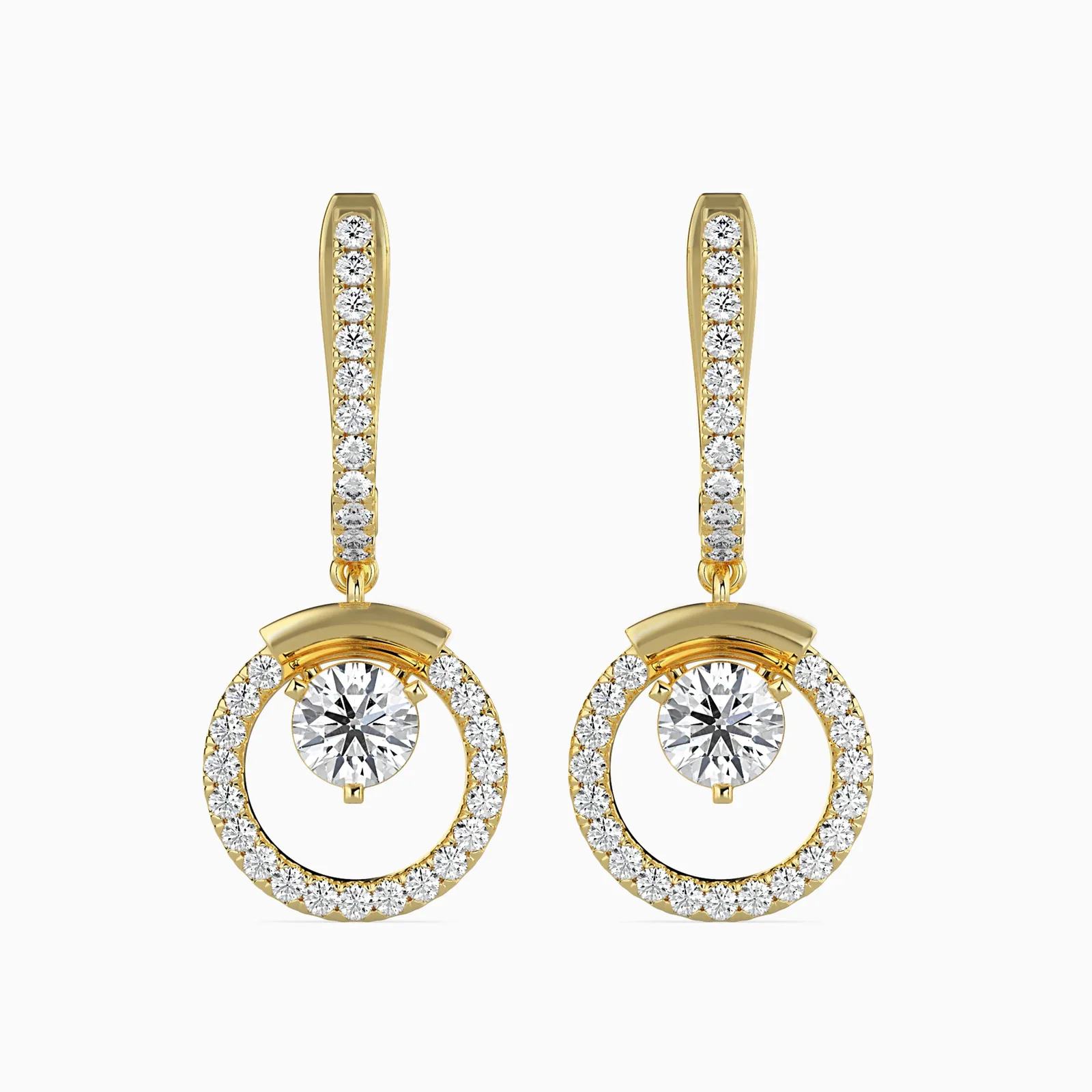 Open Circle Diamond Drop Earrings, Floating Solitaire Dangle Earrings with Pavé Hook