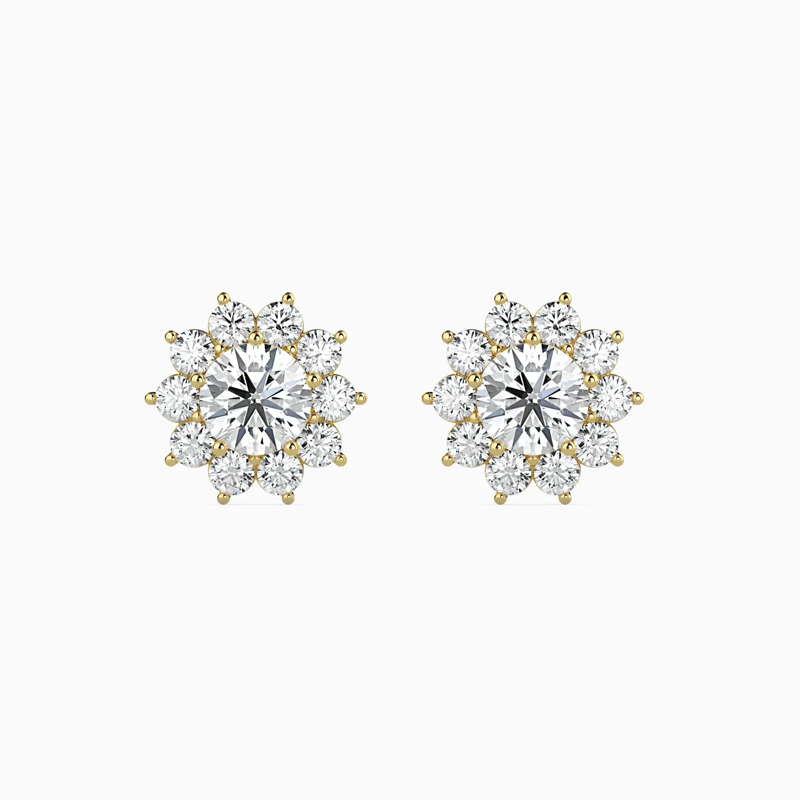 Round Diamond Flower Halo Stud Earrings, Floral Cluster Studs, Prong Set