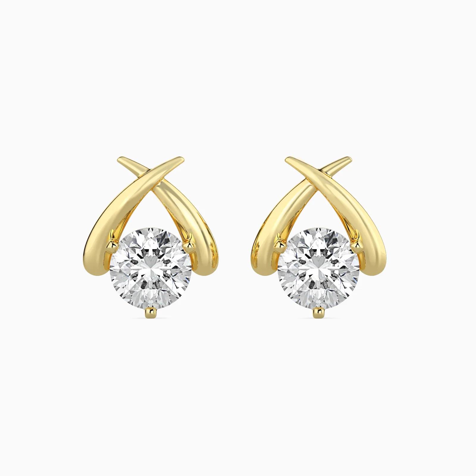 Round Diamond Crossover Stud Earrings, 3-Prong Wishbone Solitaire Studs