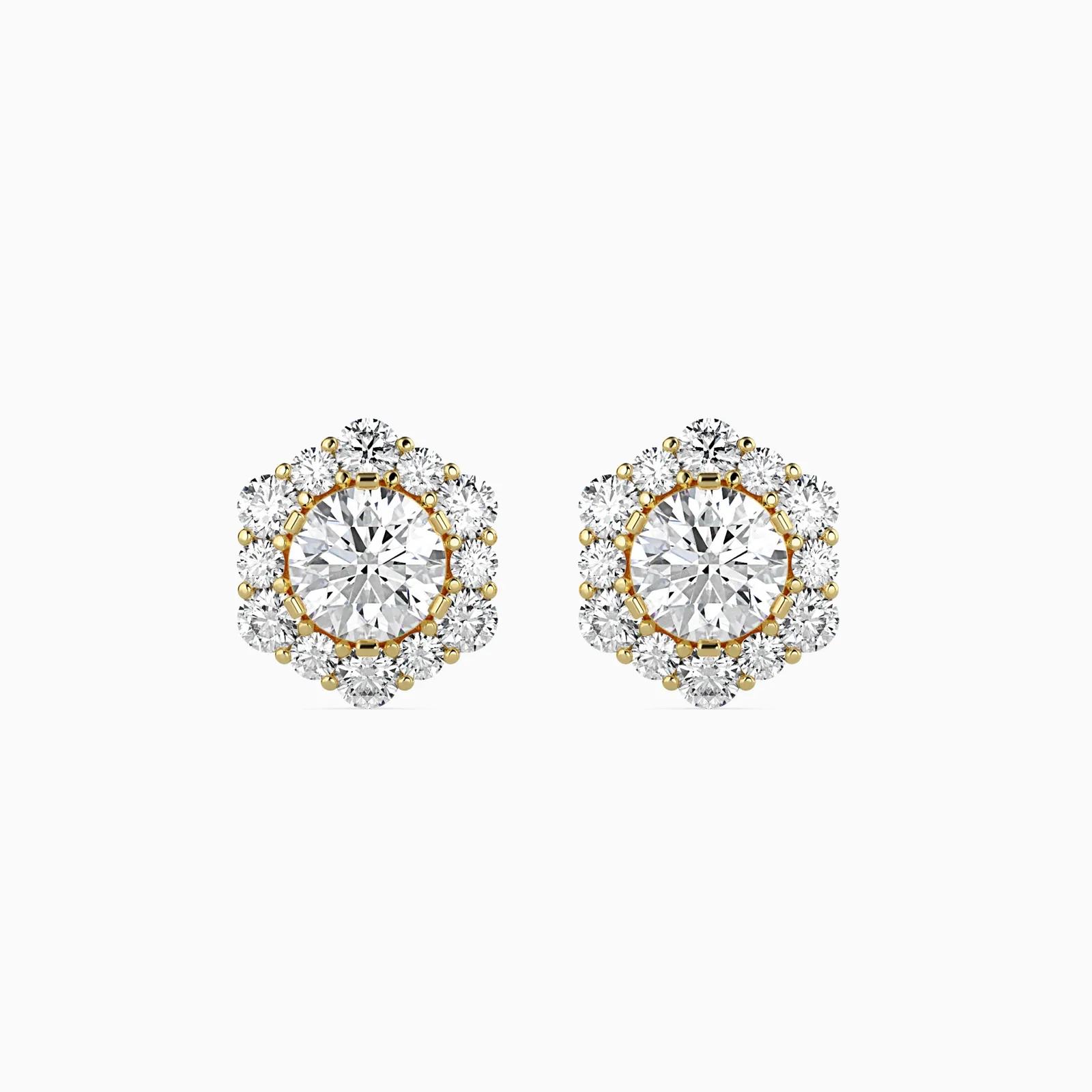 Round Diamond Hexagon Halo Stud Earrings