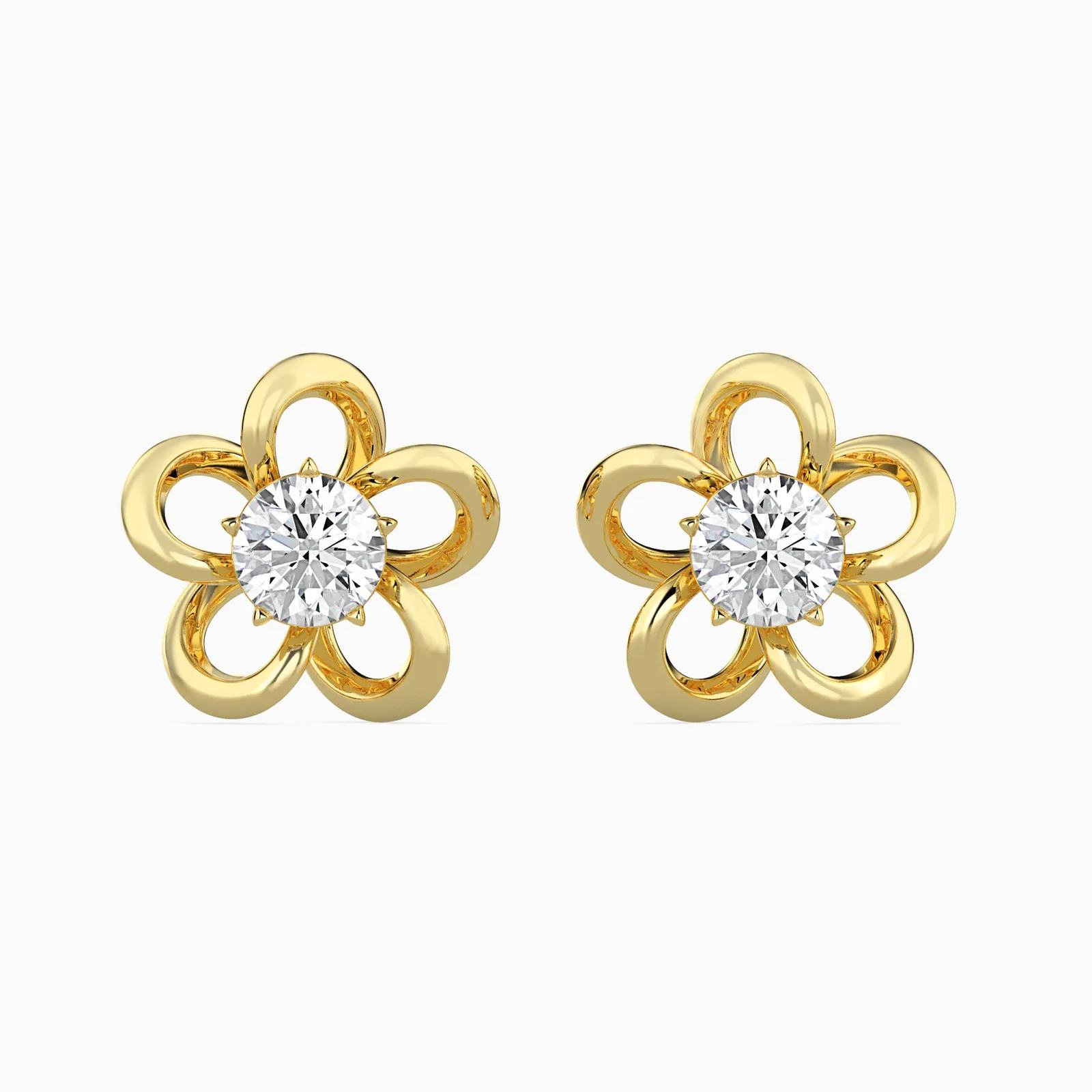 Round Diamond Open Flower Stud Earrings, Five Petal Floral Solitaire Studs,