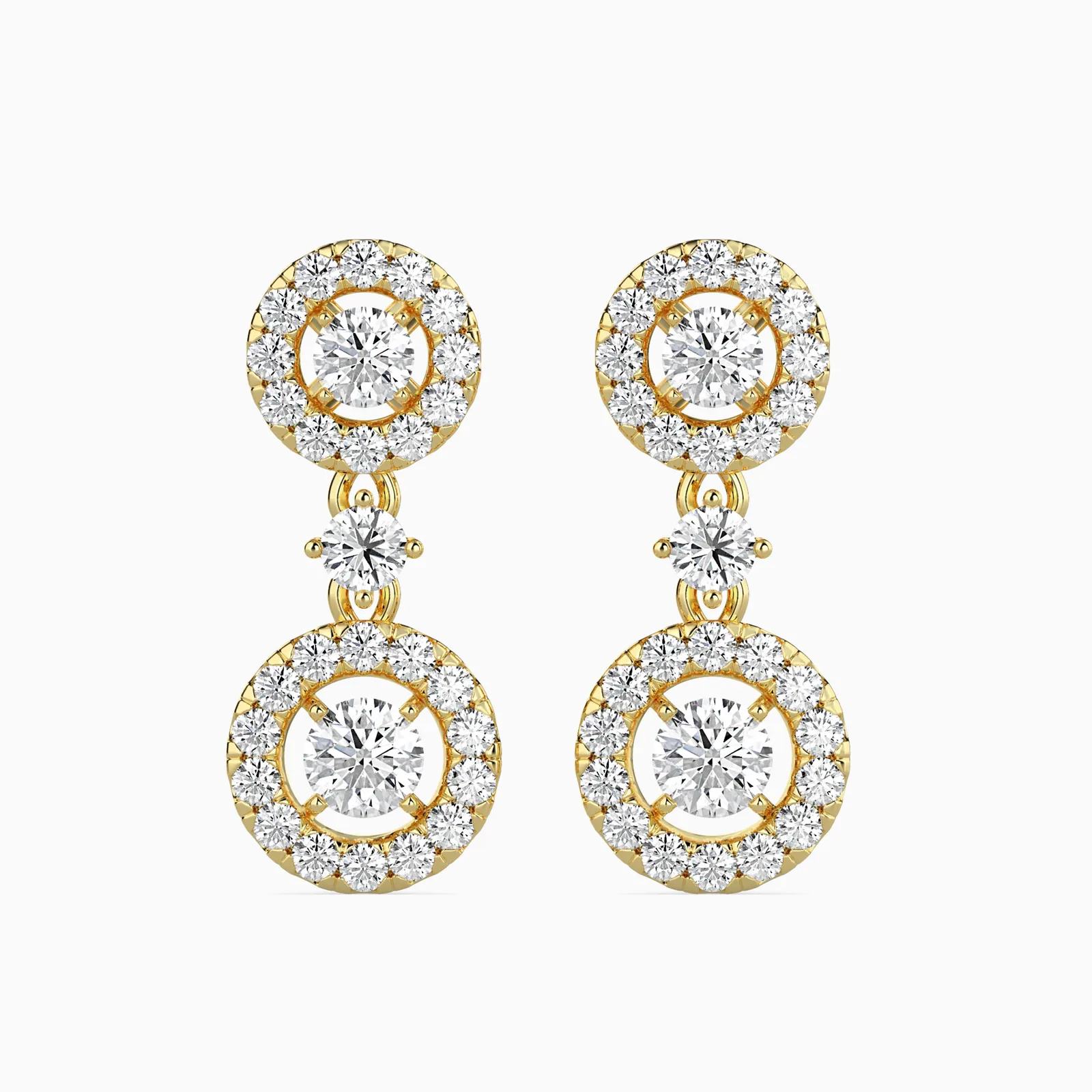 Round Diamond Double Halo Drop Earrings, Two Tier Dangle Earrings