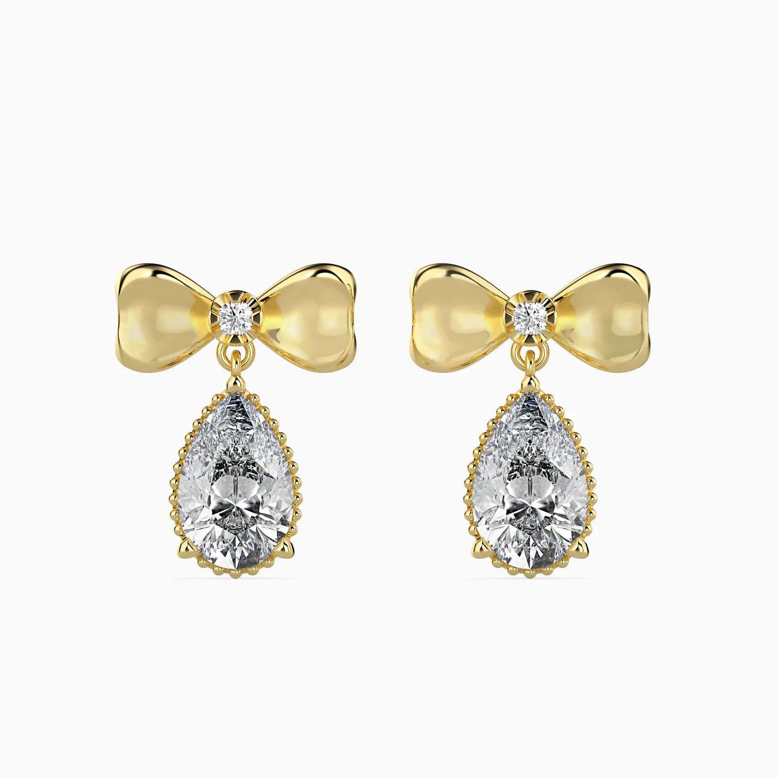 Pear Shape Diamond Bow Drop Earrings, Milgrain Bezel Dangle Earrings