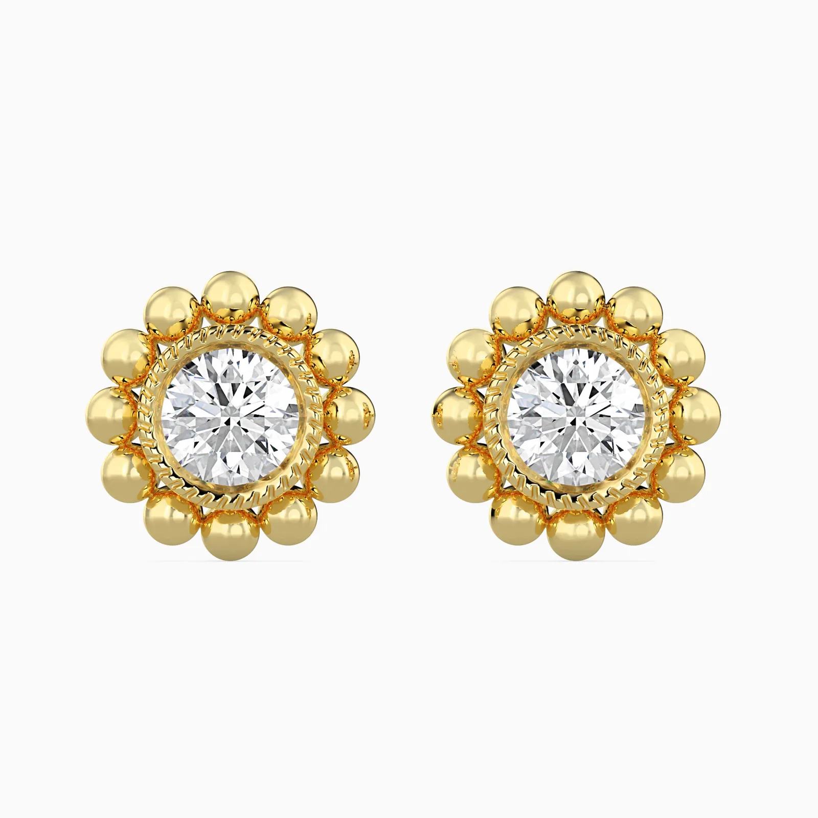 Round Diamond Beaded Flower Stud Earrings, Bezel Set Solitaire Studs with Rope Detail
