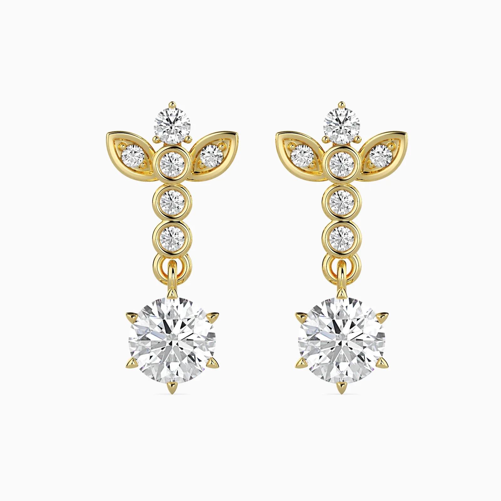 Diamond Leaf Drop Earrings, Bezel Set Chain