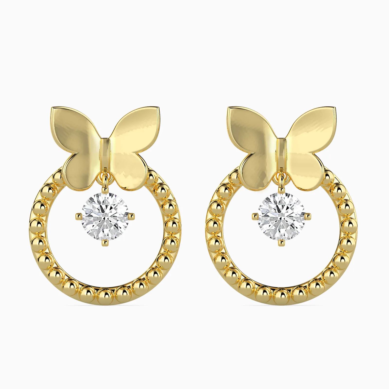 Butterfly Diamond Earrings, Beaded Circle Dangle with Floating solitaires