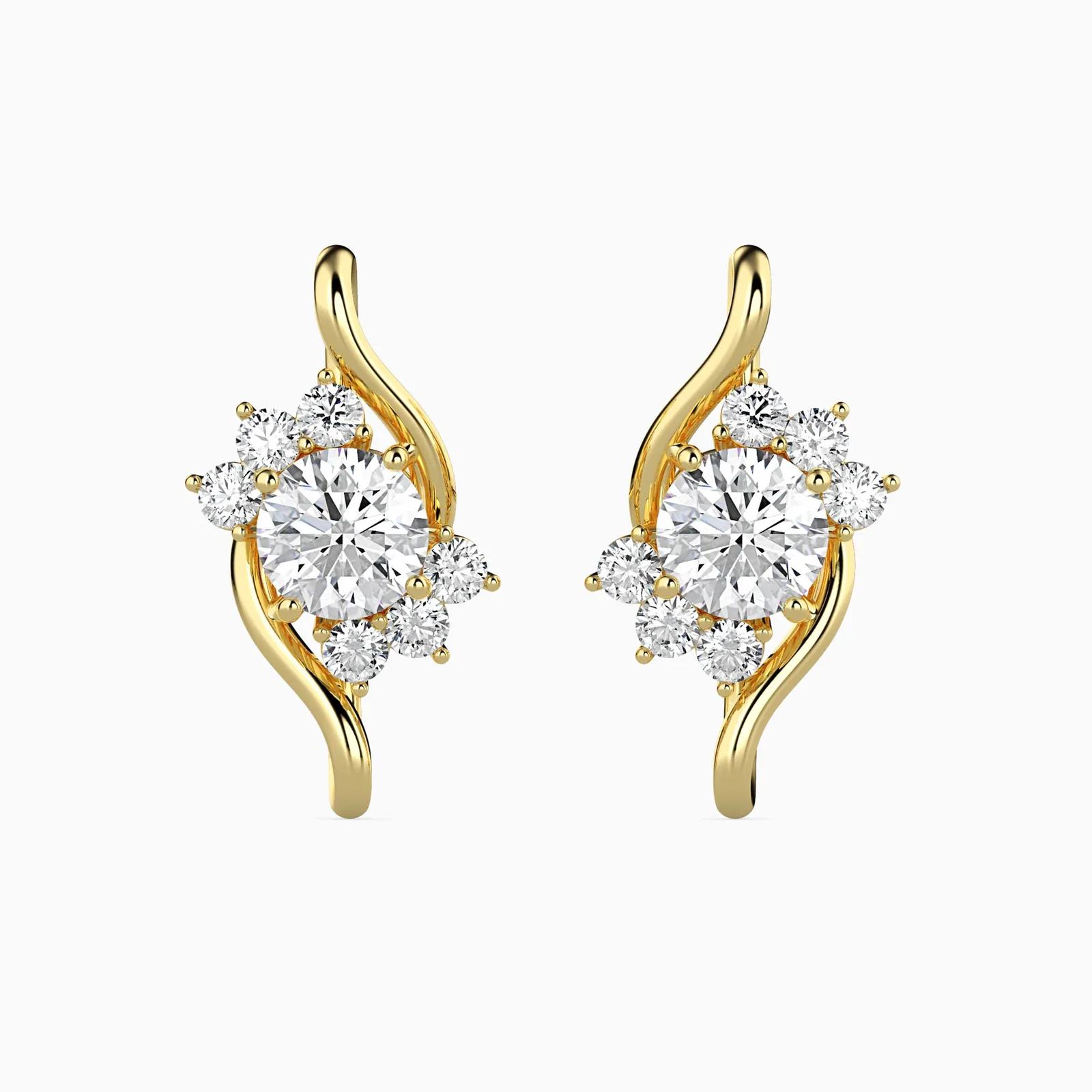 Round Diamond Cluster Earrings, Wave Ribbon Studs