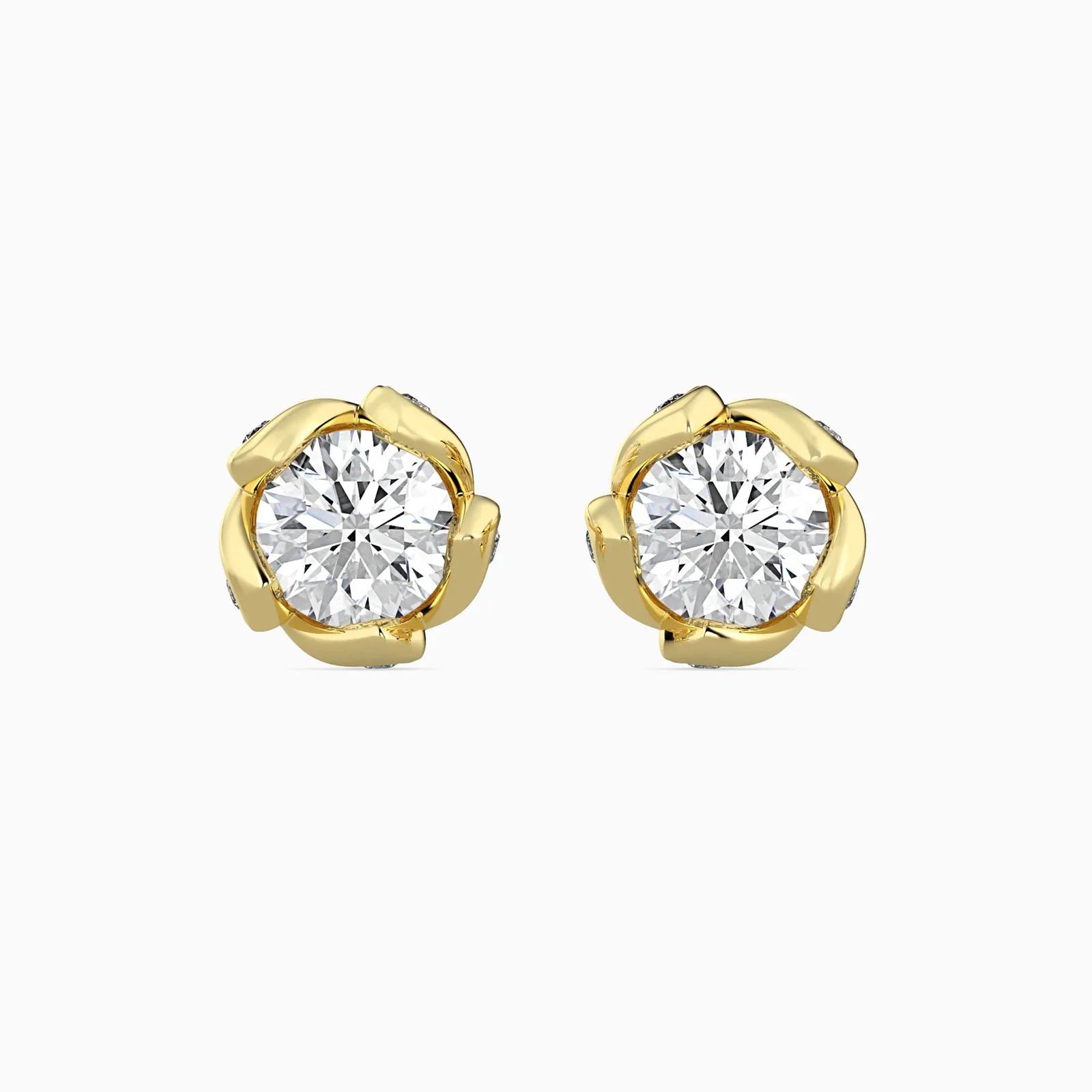 Round Diamond Rose Flower Stud Earrings, Petal Wrap Solitaire Studs
