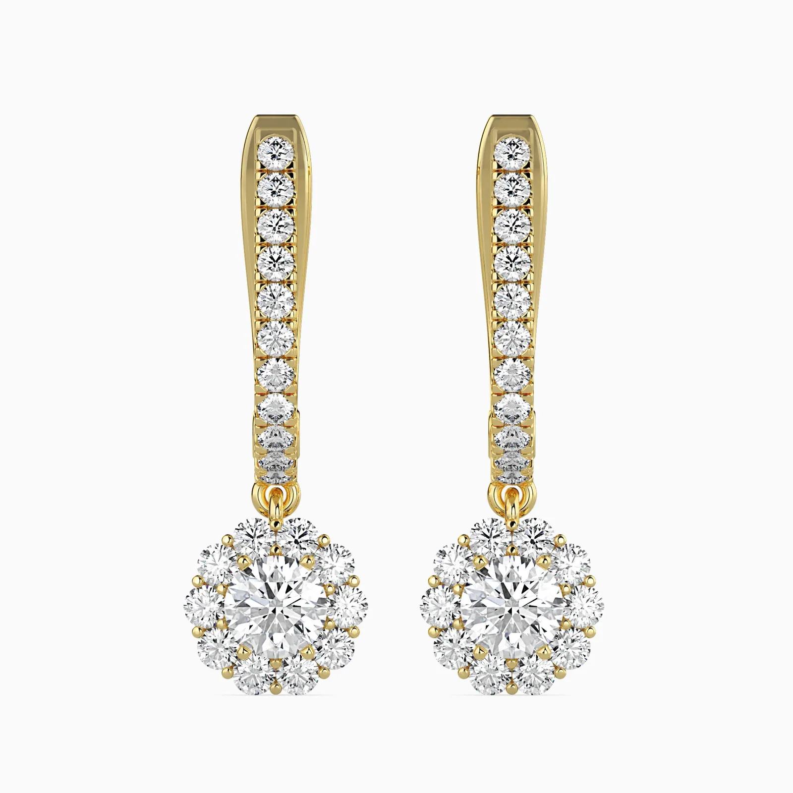 Round Diamond Flower Halo Drop Earrings, Pavé Hook Dangle Earrings