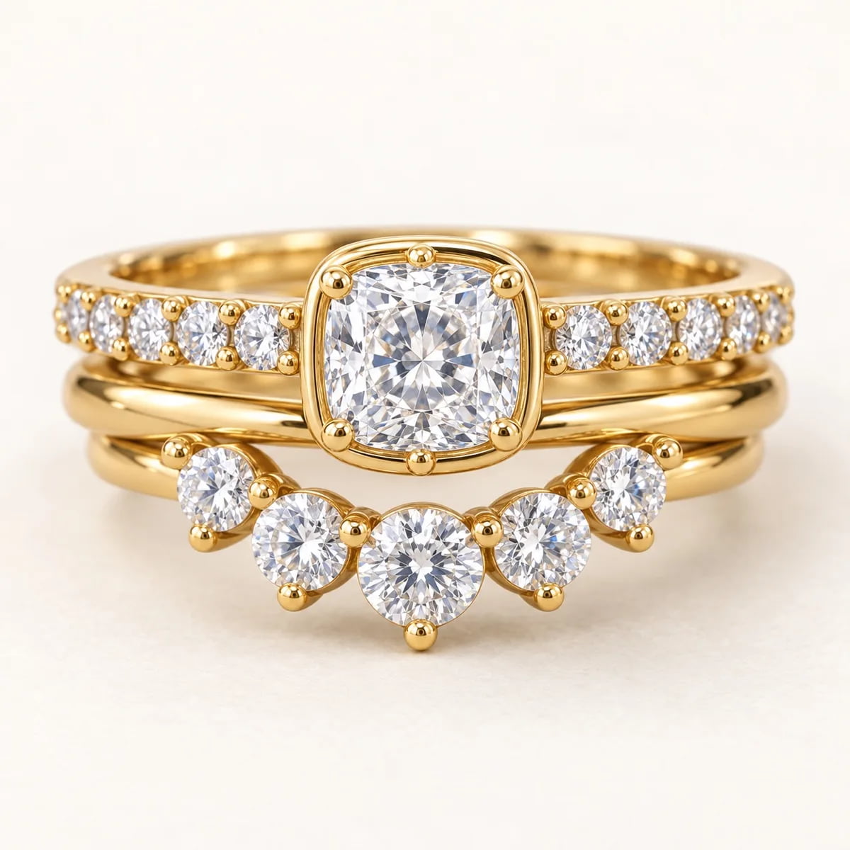 Cushion Bridal Stack 14KT Diamond Ring Set, view 1