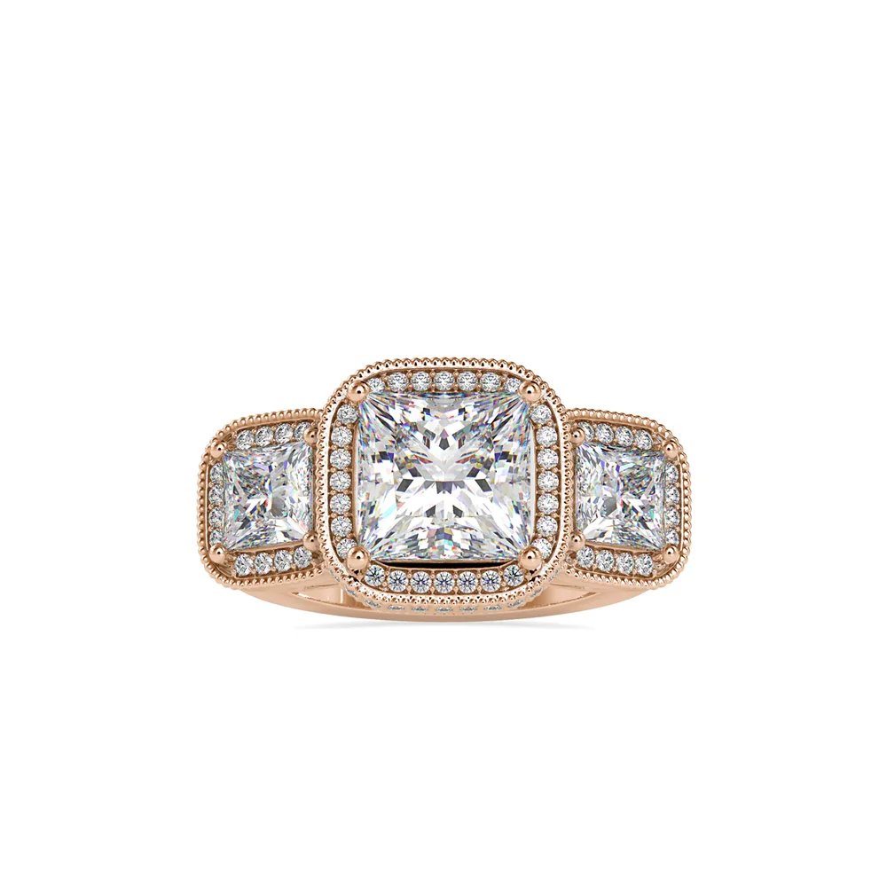 Princess Cut Three Stone Halo Diamond Ring With Migraine Detailing, view 1