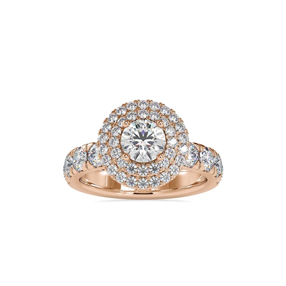 Round Diamond Double Halo Ring with Diamond Shoulders, view 1