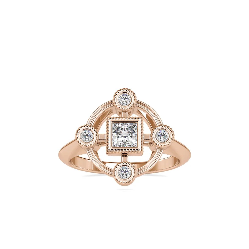Princess Cut Diamond Compass Ring with Bezel Set Vintage Milgrain Design, view 1