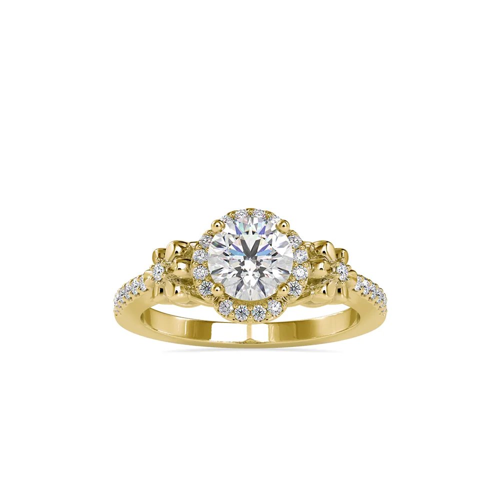 Round Diamond Halo Ring with Floral Motif and Pavé Shoulders, view 1