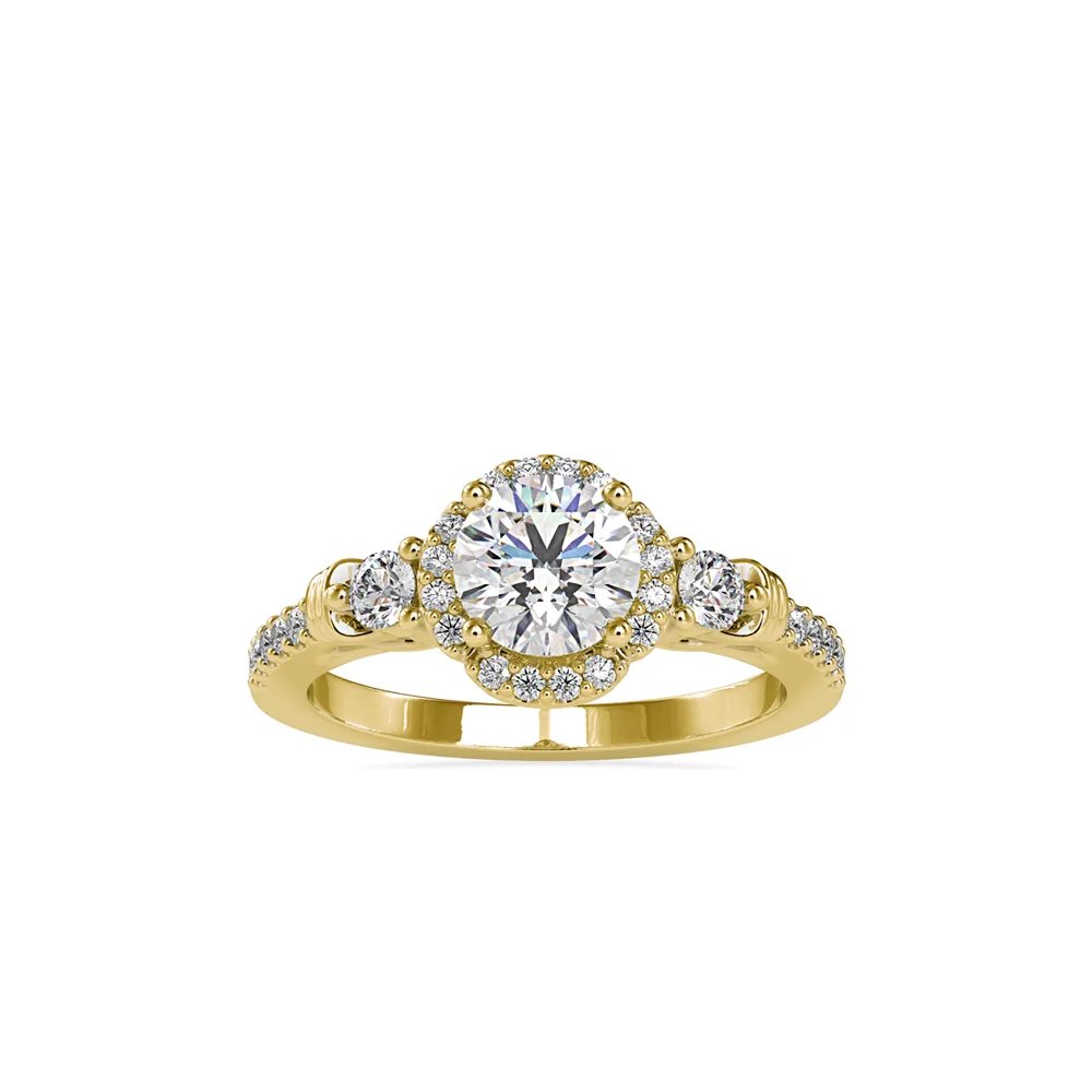 Round Diamond Halo Ring with Side Stones and Pavé Shoulders, view 1