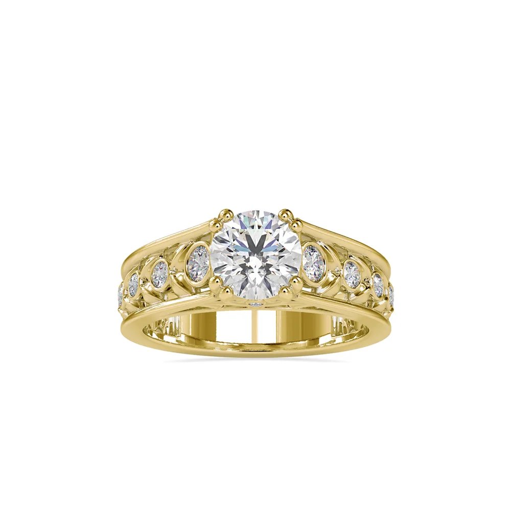 Round Diamond Ring with Bezel Set Shoulders and Openwork Cathedral Band, view 1