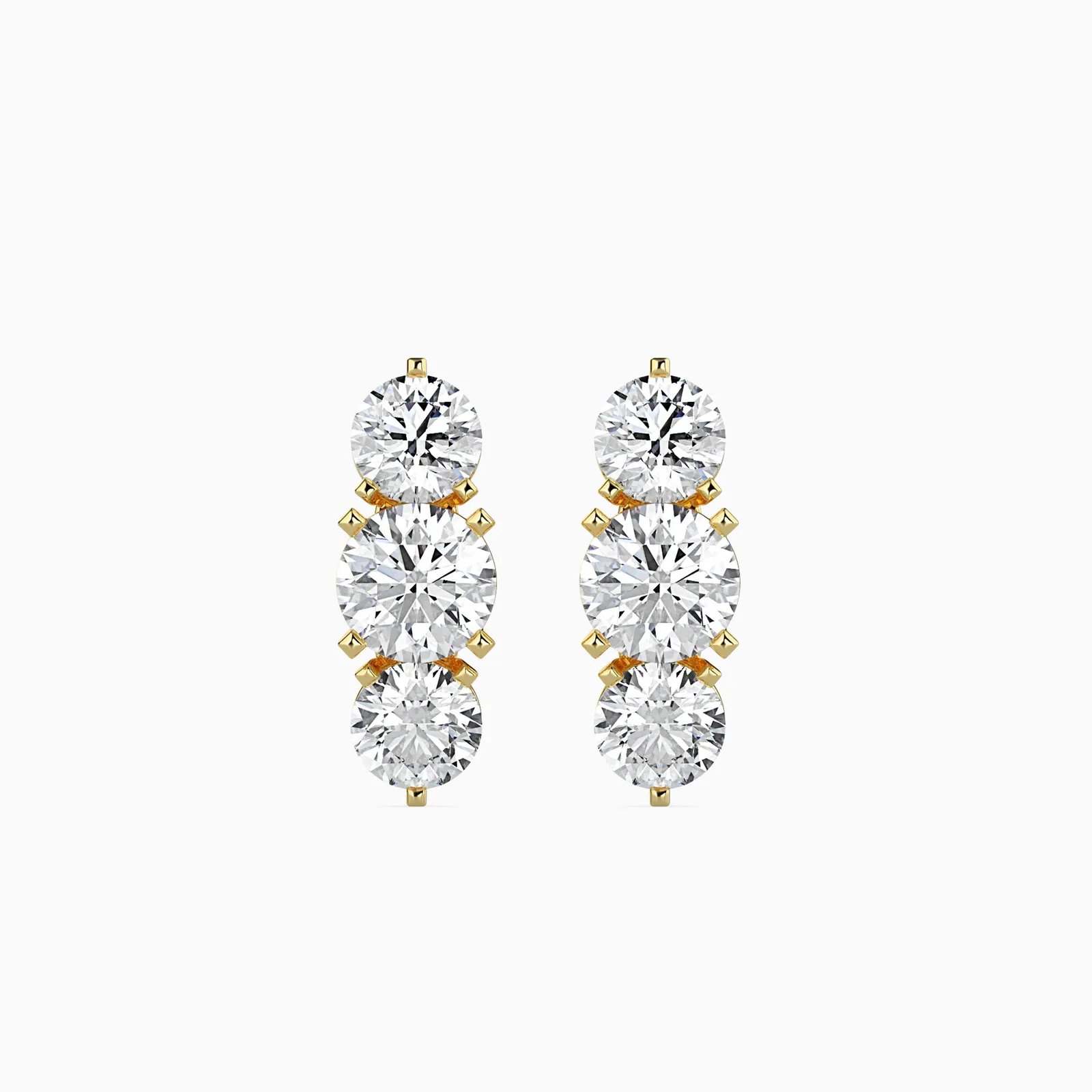 Three Stone Round Diamond Earrings , Graduated Vertical Prong Set Studs, view 1