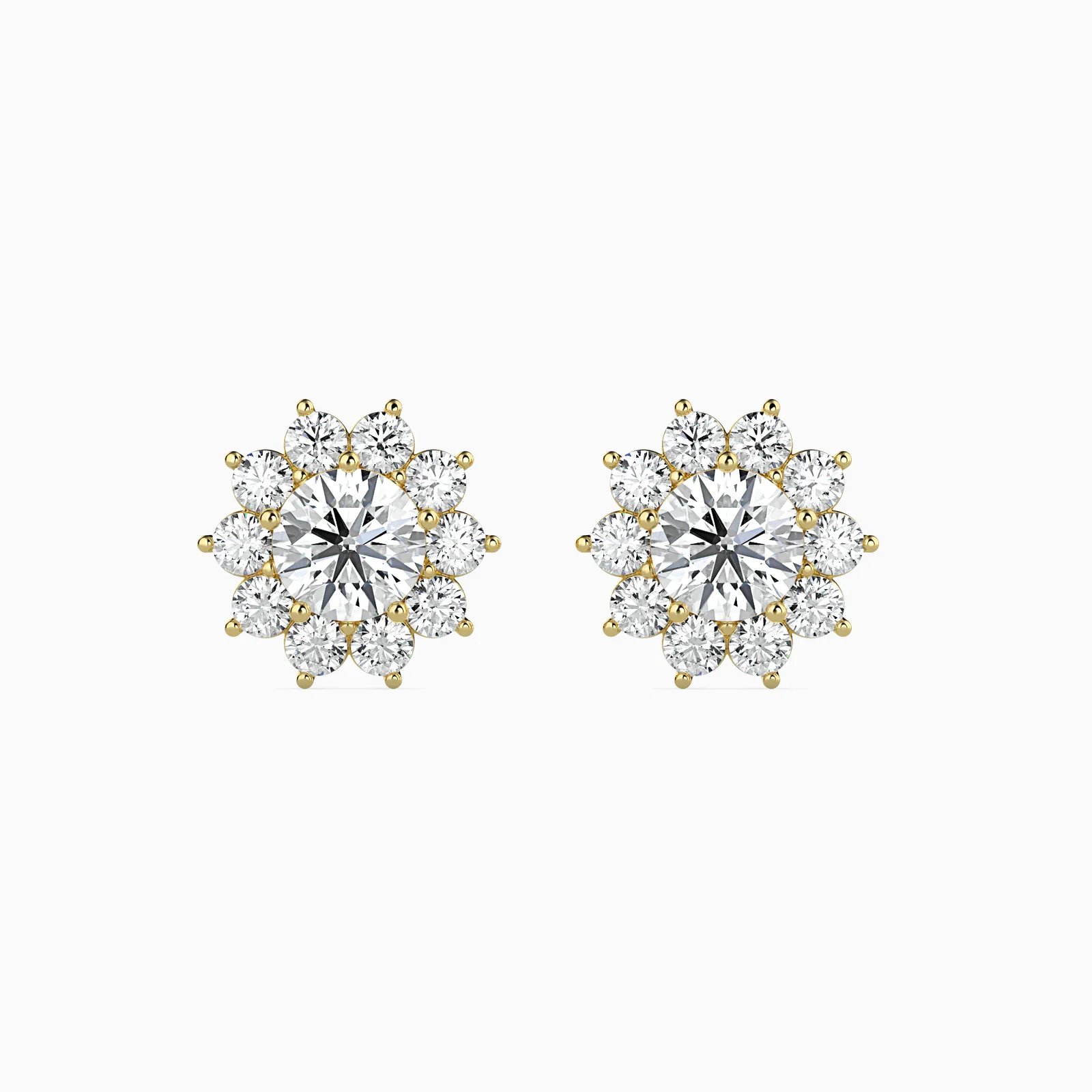 Round Diamond Flower Halo Stud Earrings, Floral Cluster Studs, Prong Set, view 1