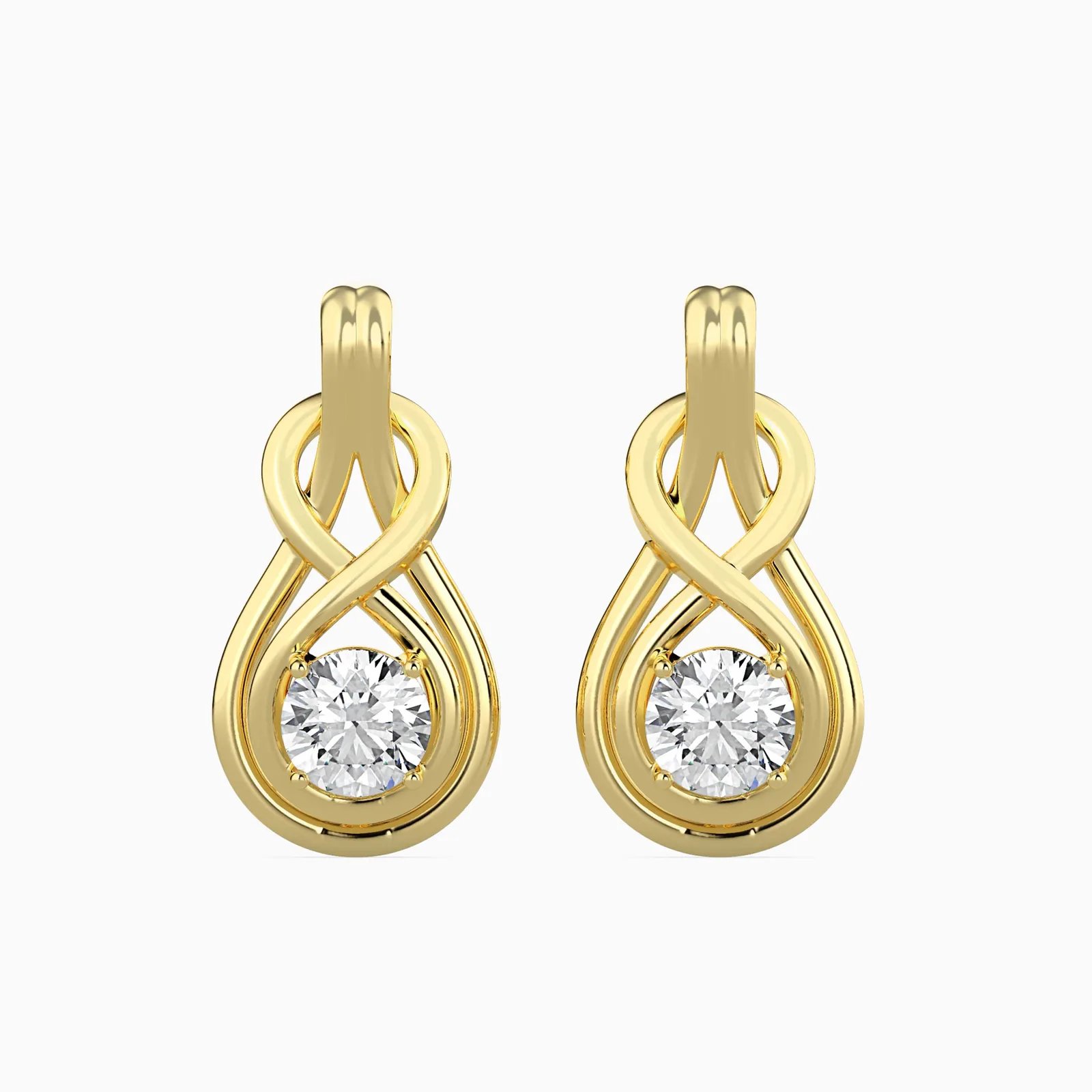 Round Diamond Infinity Knot Earrings, Twisted Teardrop Solitaire Drop Earrings, view 1