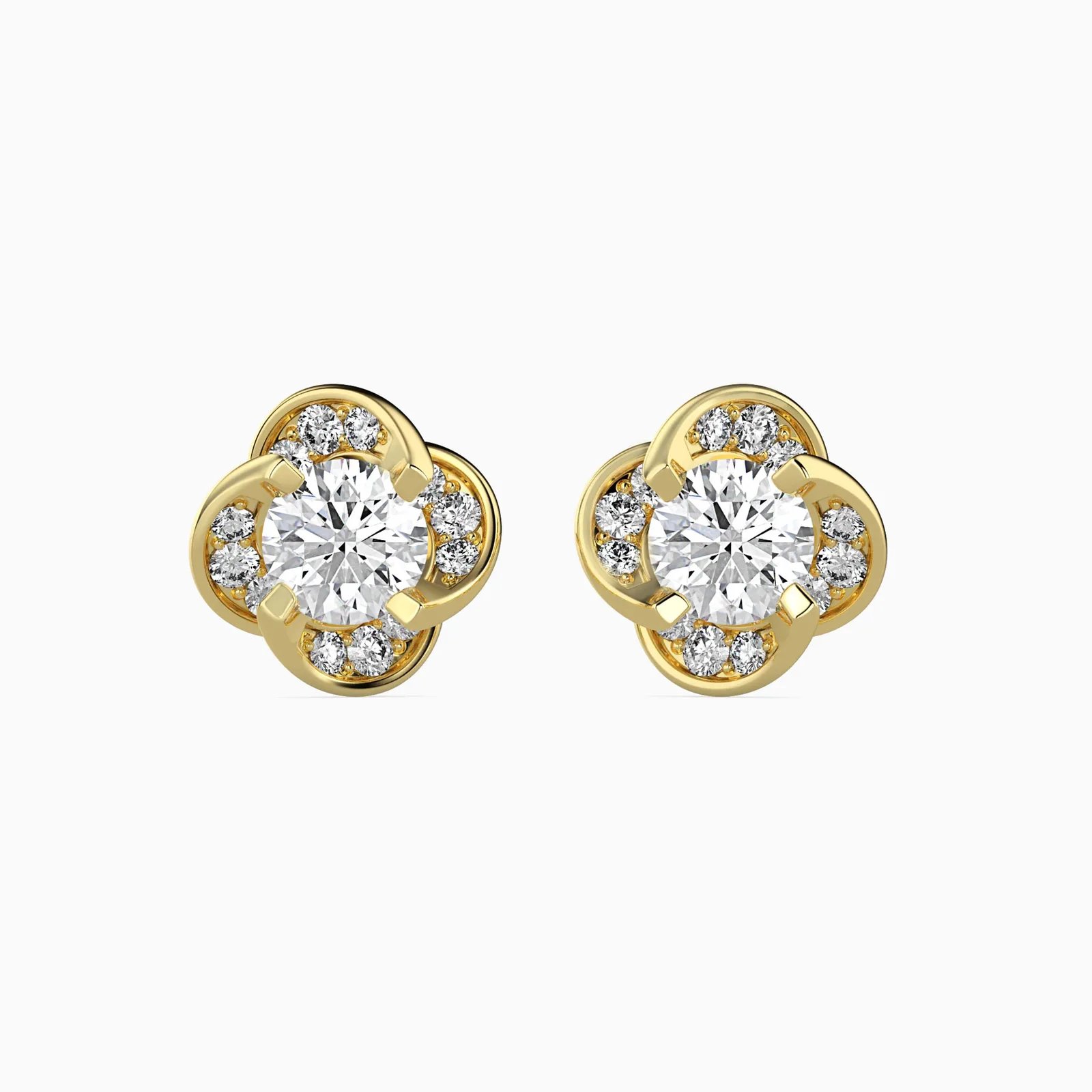 Round Diamond Clover Stud Earrings , Four Petal Flower Studs, view 1