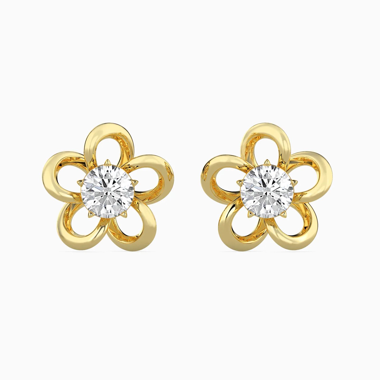 Round Diamond Open Flower Stud Earrings, Five Petal Floral Solitaire Studs,, view 1