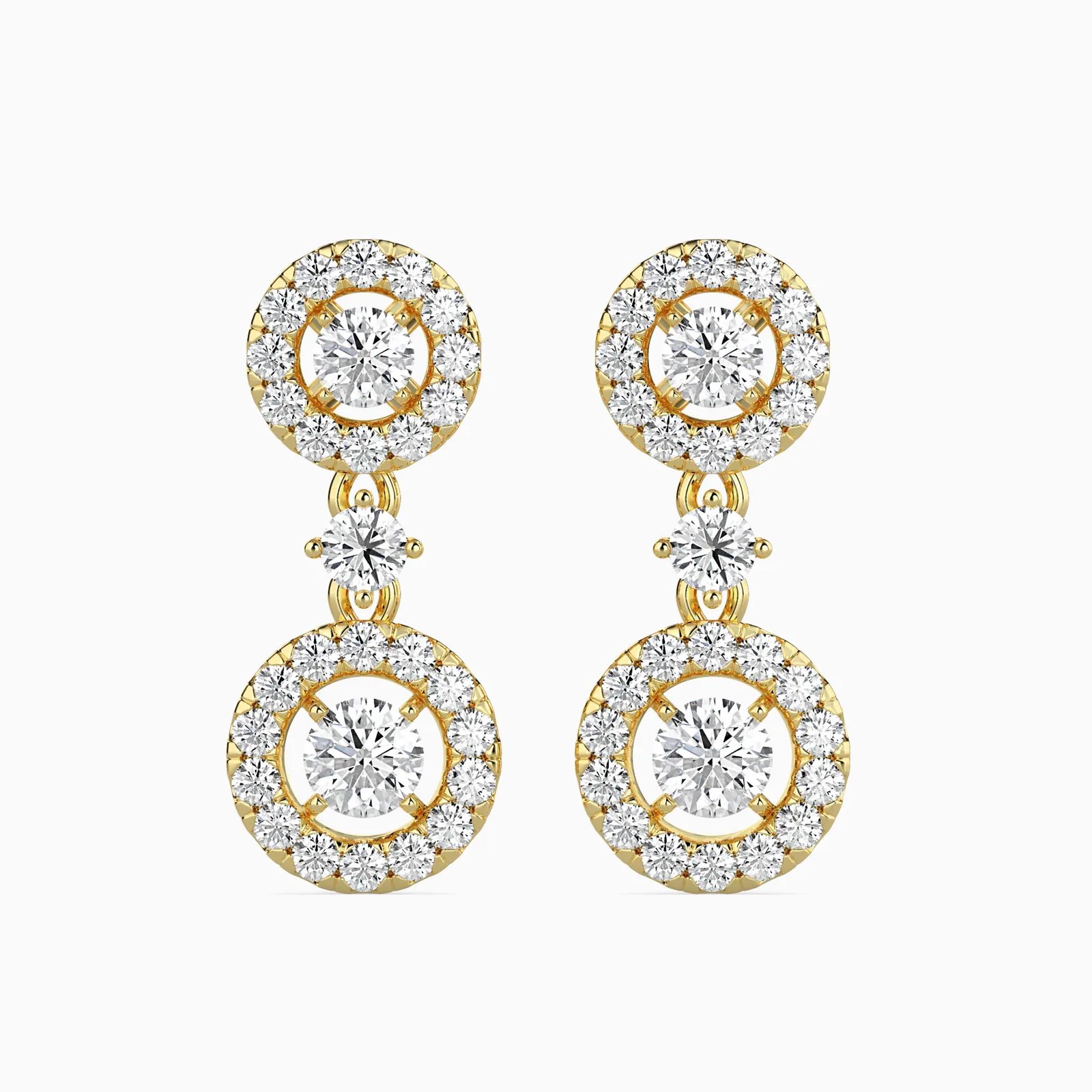 Round Diamond Double Halo Drop Earrings, Two Tier Dangle Earrings, view 1