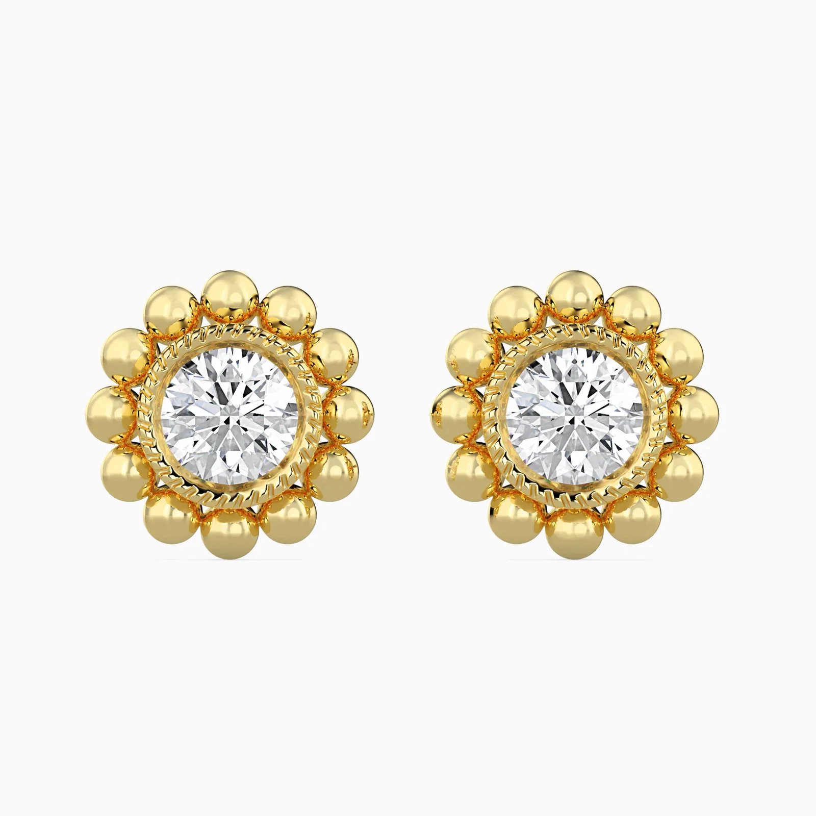 Round Diamond Beaded Flower Stud Earrings, Bezel Set Solitaire Studs with Rope Detail, view 1