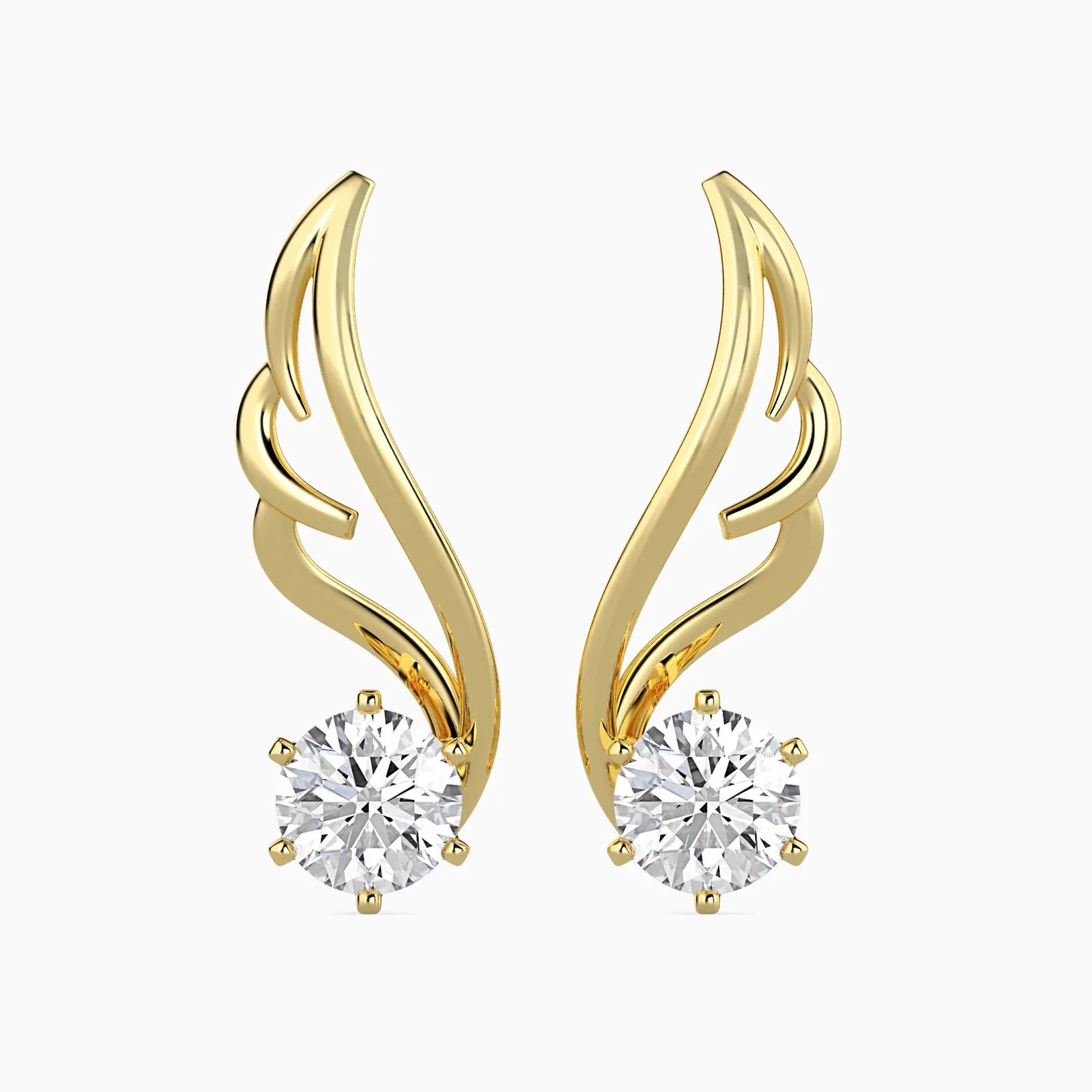 Angel Wing Diamond Ear Climber Earrings, 6-Prong Round Solitaire Crawler Earrings, view 1