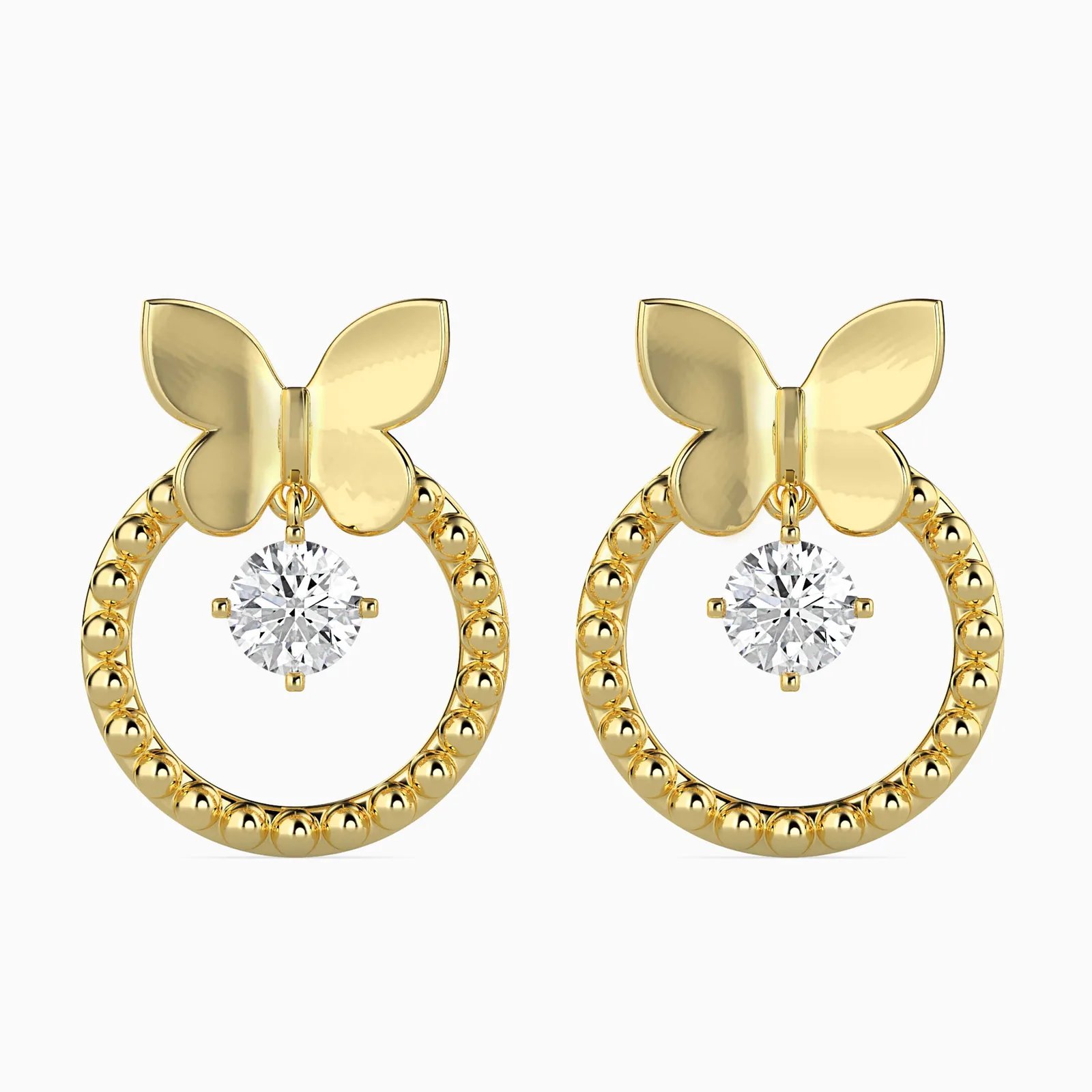 Butterfly Diamond Earrings, Beaded Circle Dangle with Floating solitaires, view 1