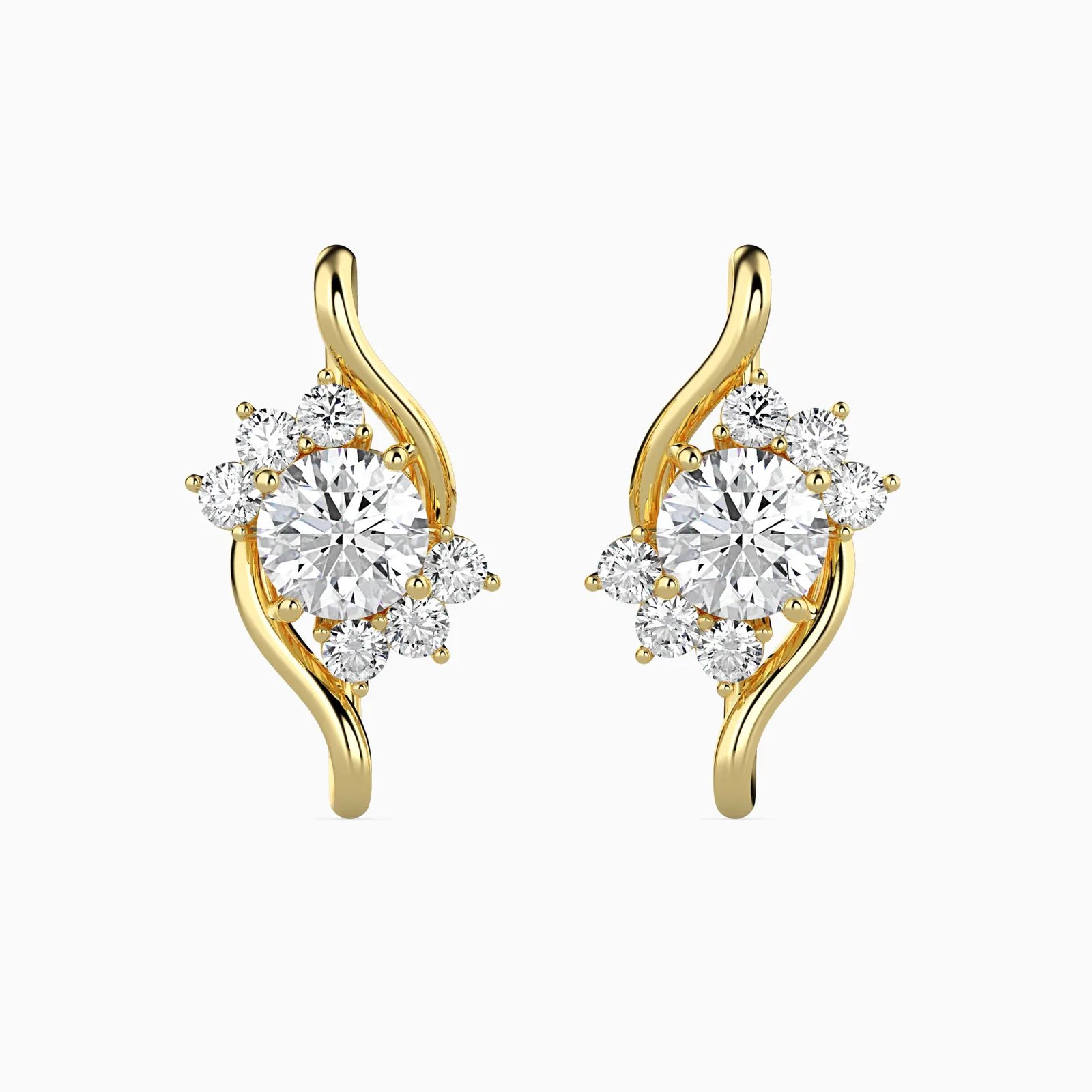Round Diamond Cluster Earrings, Wave Ribbon Studs, view 1