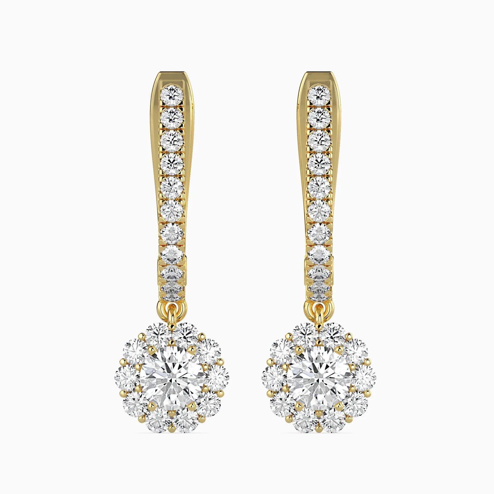 Round Diamond Flower Halo Drop Earrings, Pavé Hook Dangle Earrings, view 1